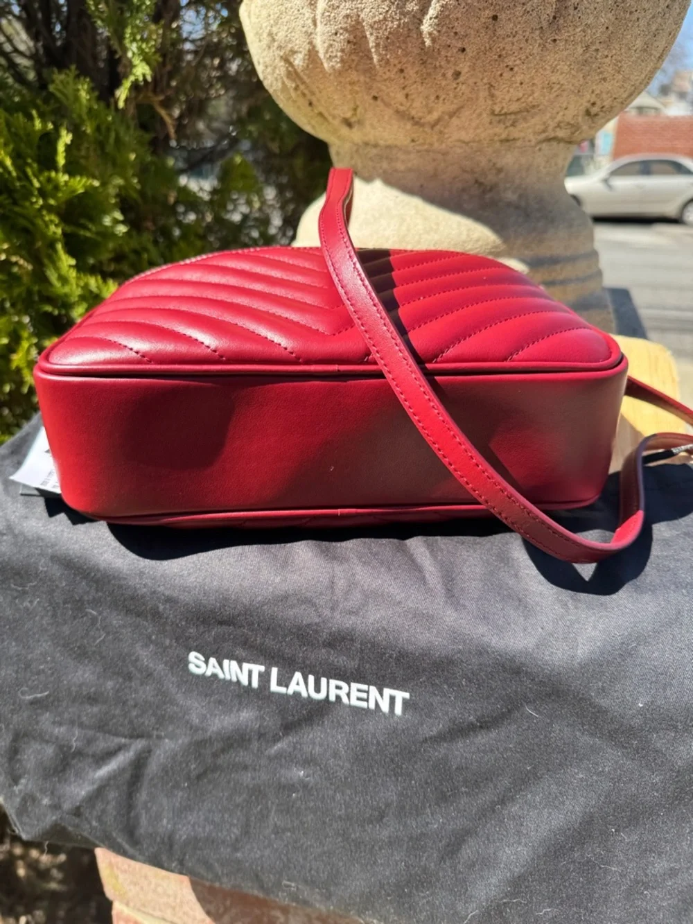 New! Saint Laurent Quilted Red Leather Crossbody Camera Bag with Gold YSL Logo